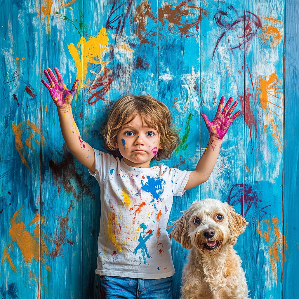 Child and dog covered in finger paint art