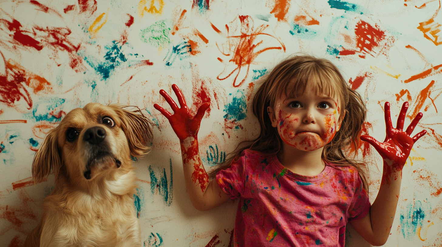 Child and dog making a mess with paint