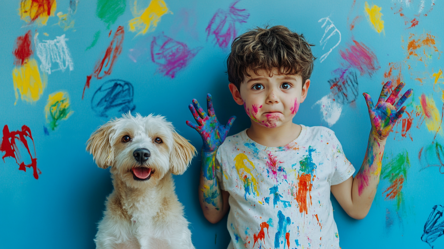 Child and dog paint wall with drawings