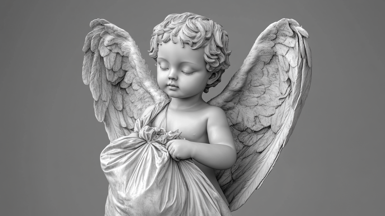 Child angel on gray background with garbage bag.