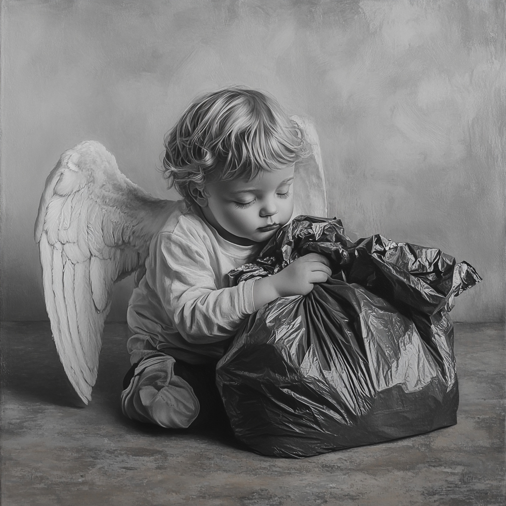 Child angel with garbage bag, eyes closed, high quality.