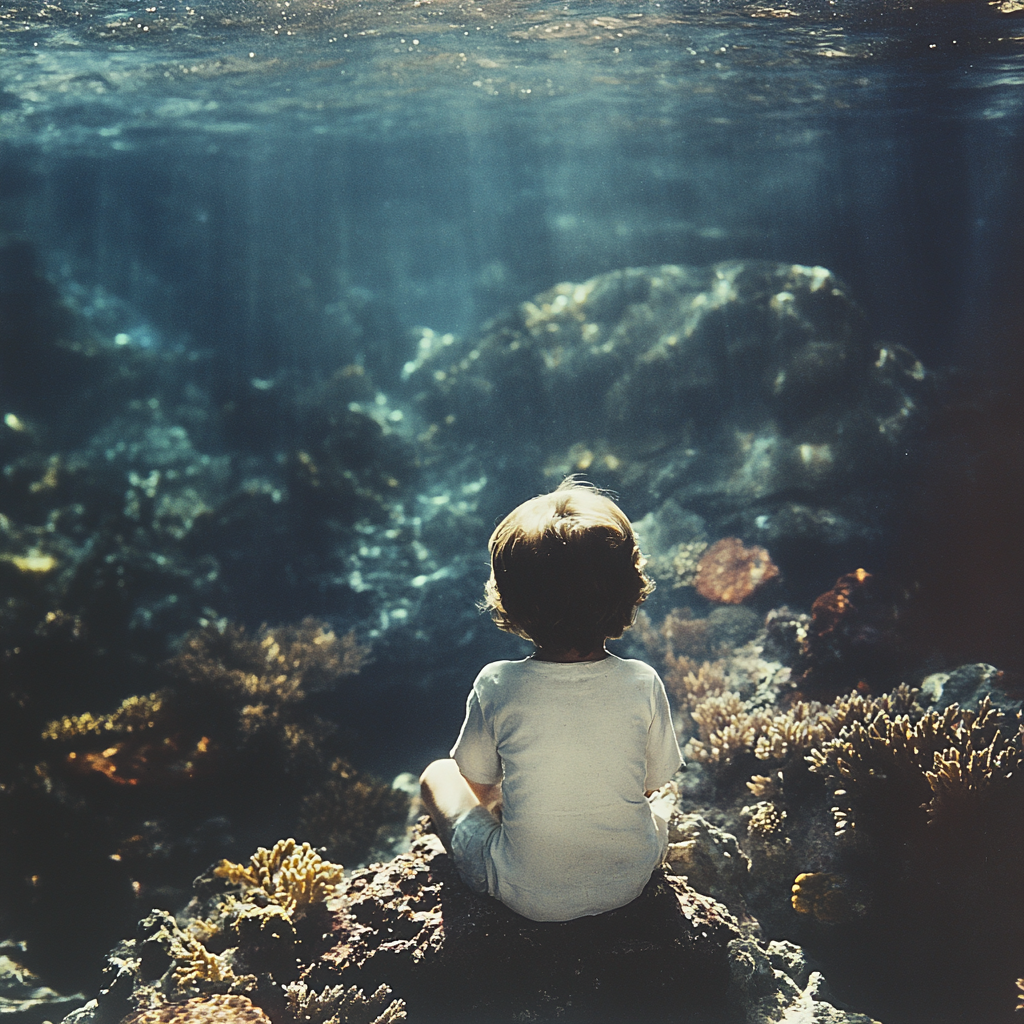 Child at bottom of ocean, coral reefs, soft lighting.