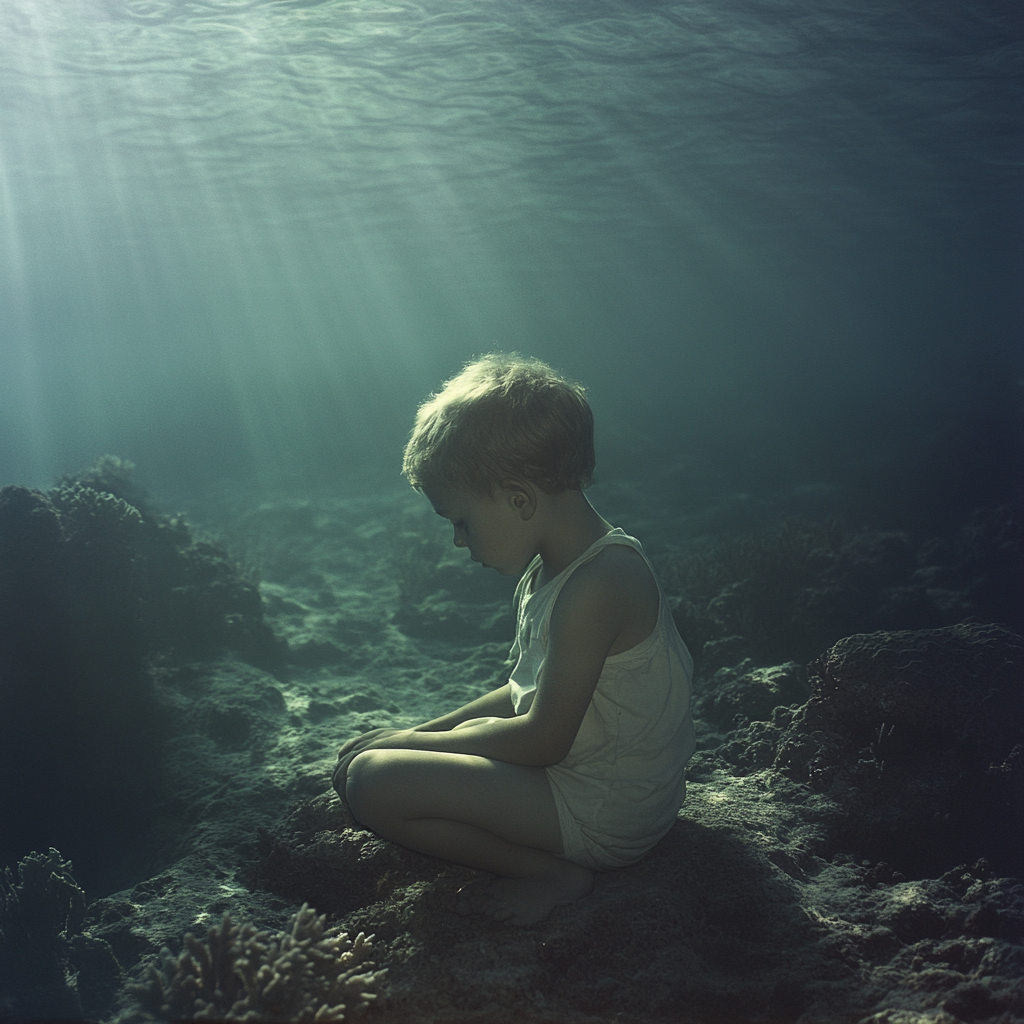 Child at ocean bottom beholding coral reefs, soft melancholy.