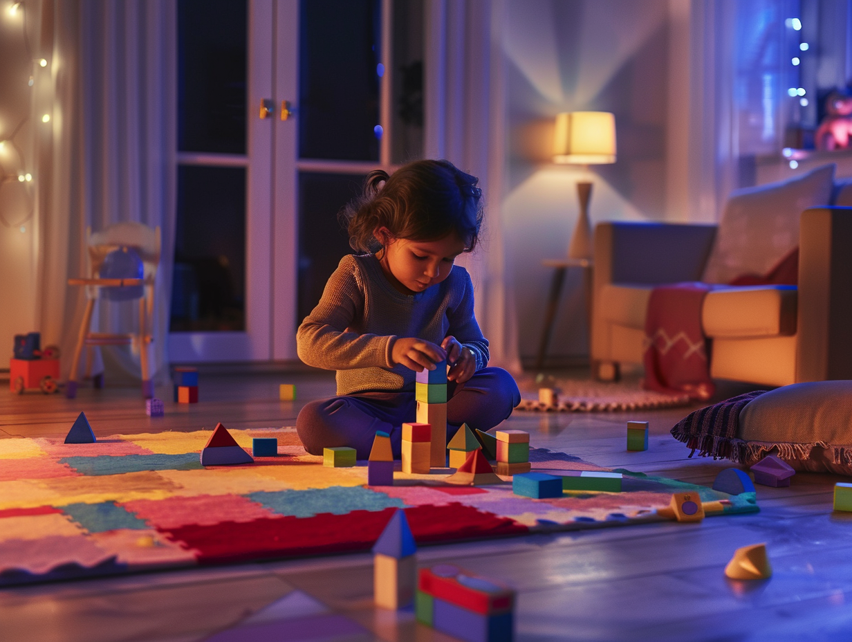 Child building with wooden blocks in cozy room