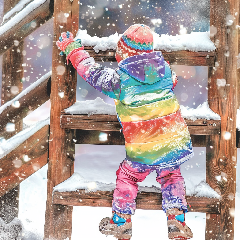 Child climbs snowy playground in bright winter clothes.