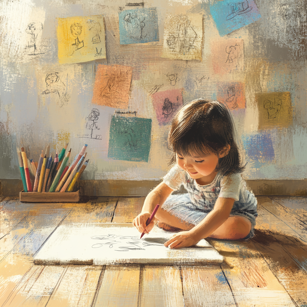 Child drawing with crayons in cozy indoor room.