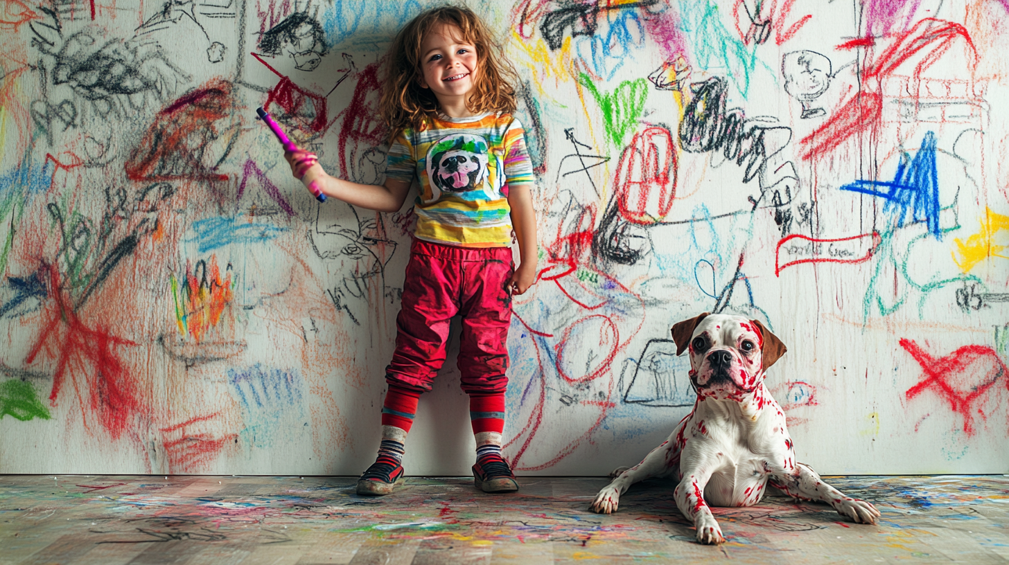 Child draws on wall with dog, caught on camera