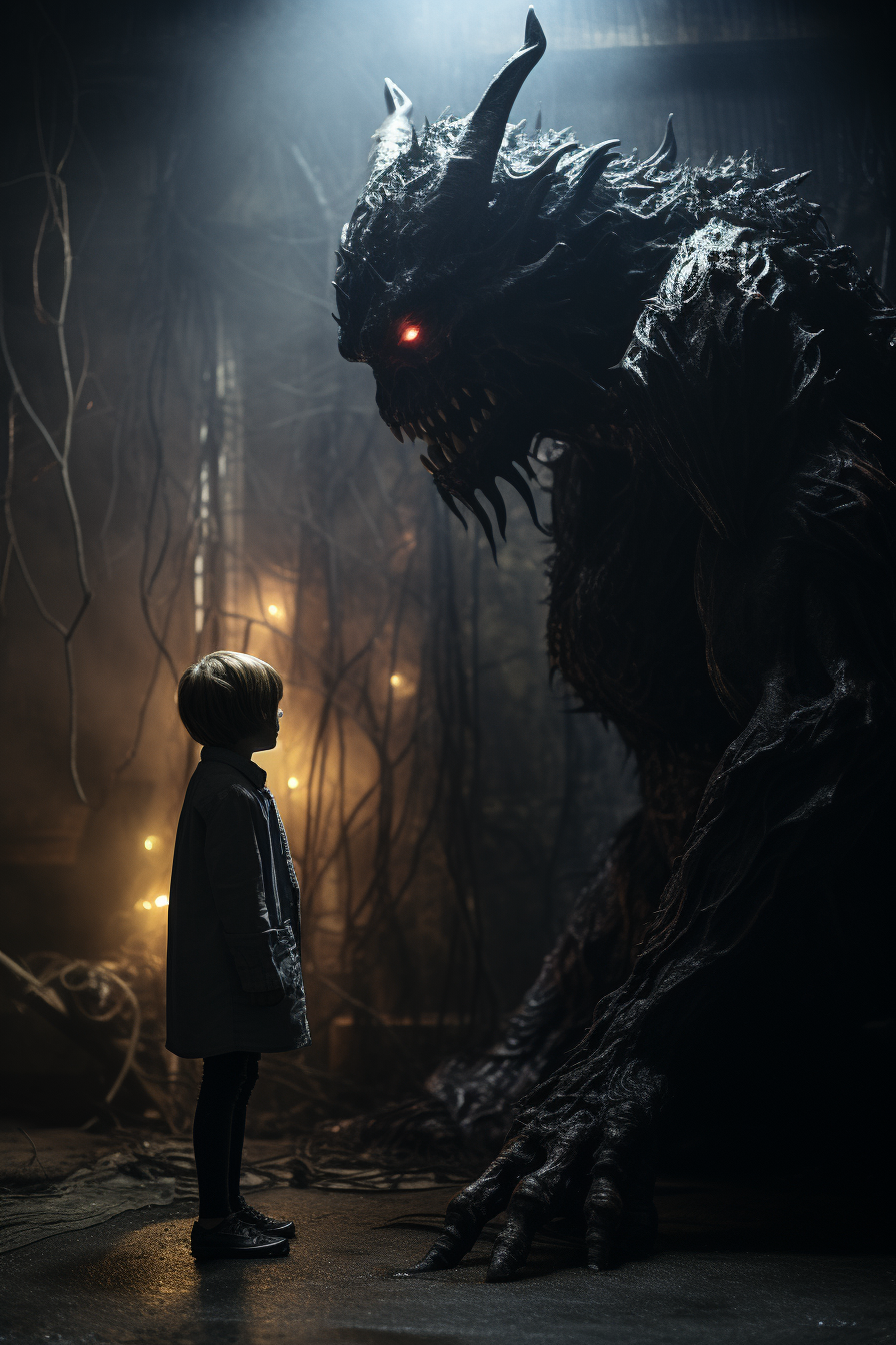 Child facing scary demon in photorealistic, surrealistic image.