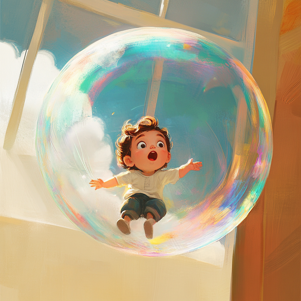 Child floats on giant colorful gum bubble