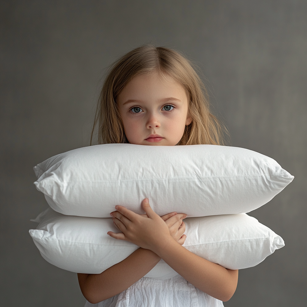 Child holding white pillows, studio portrait with warm tones.