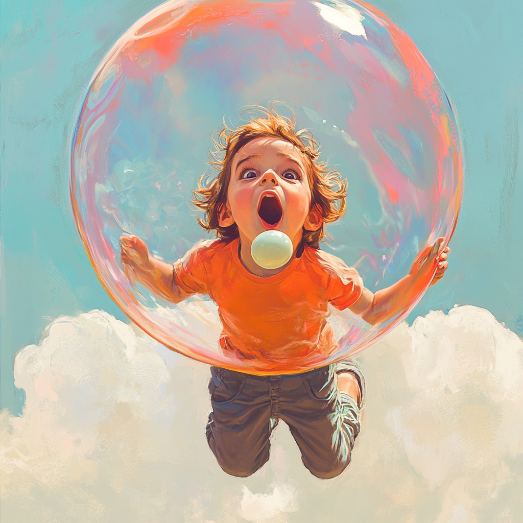 Child in Disney style floats on colorful bubble