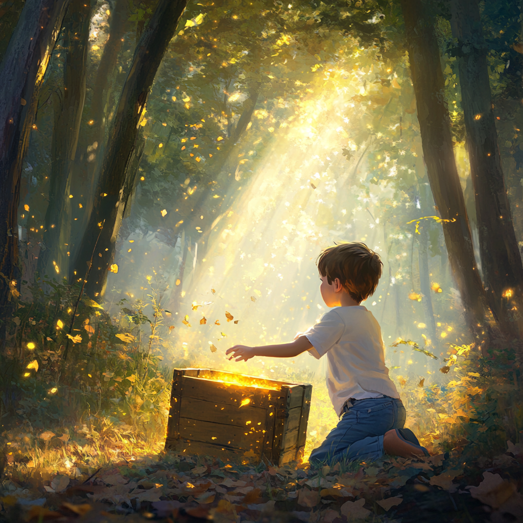 Child in Enchanted Forest Opening Glowing Chest