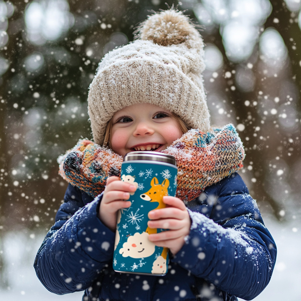 Child in Winter Wonderland park with festive thermos.