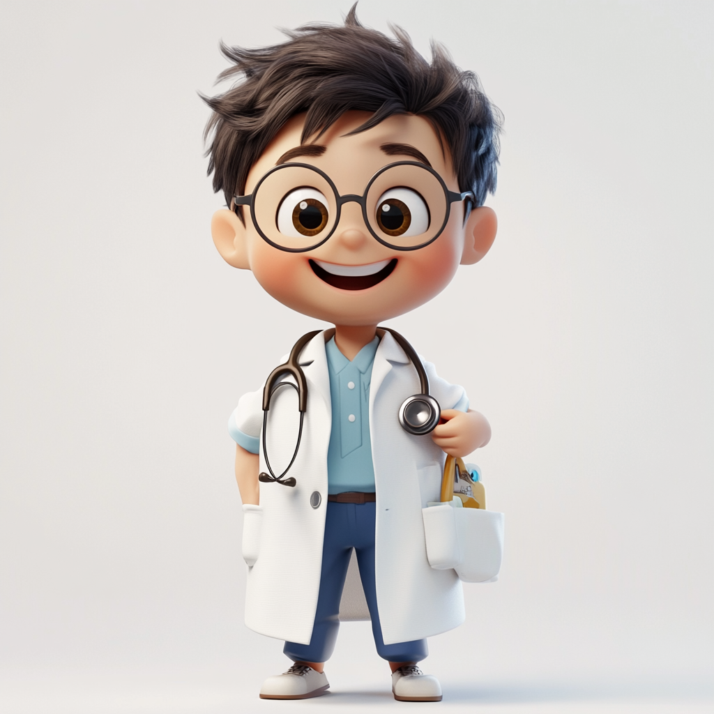 Child in doctor's gown, glasses, cheerful expression, healthy.