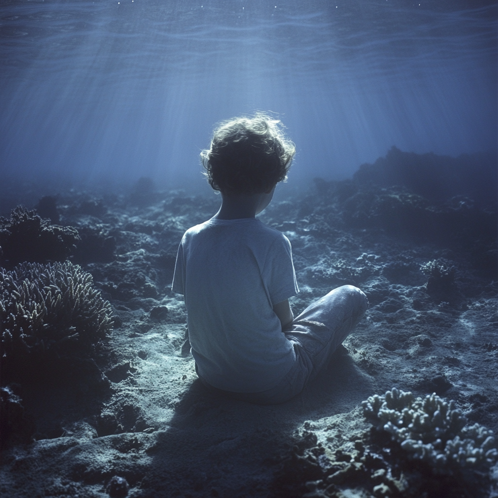 Child in ocean gazing down at coral reefs.