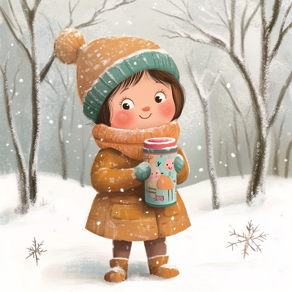 Child in winter park with thermos cup, snow.