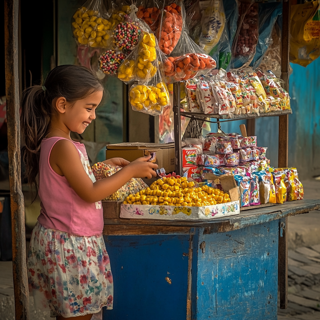 Child in yellow and blue outfit selling sweets happily.