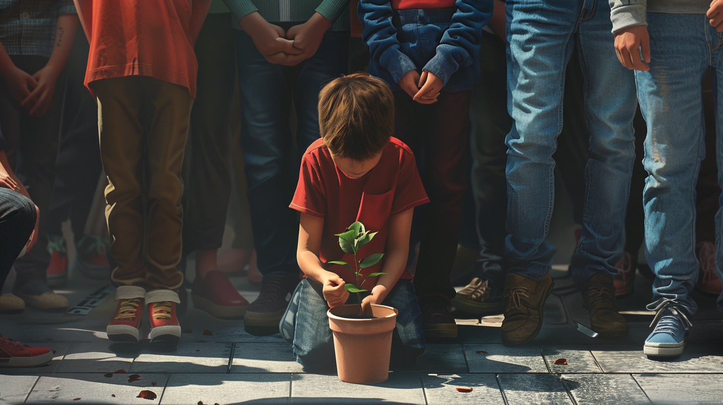 Child looks at empty pot, people turn away.