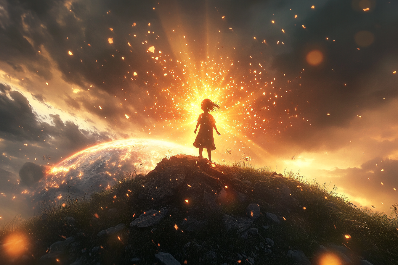 Child on hill shouting, glowing rays brighten Earth below.