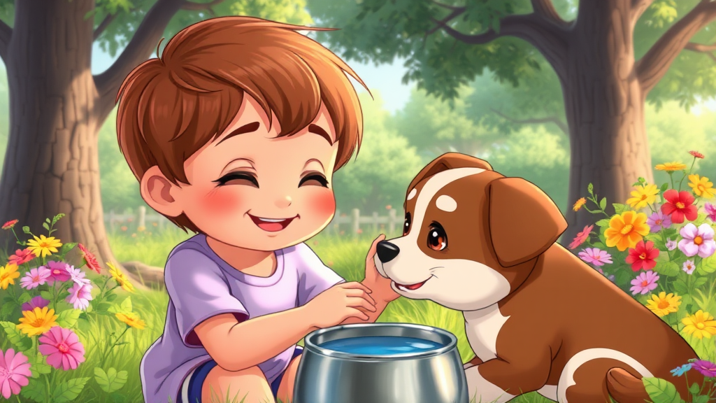 Child petting animal in colorful nature setting.