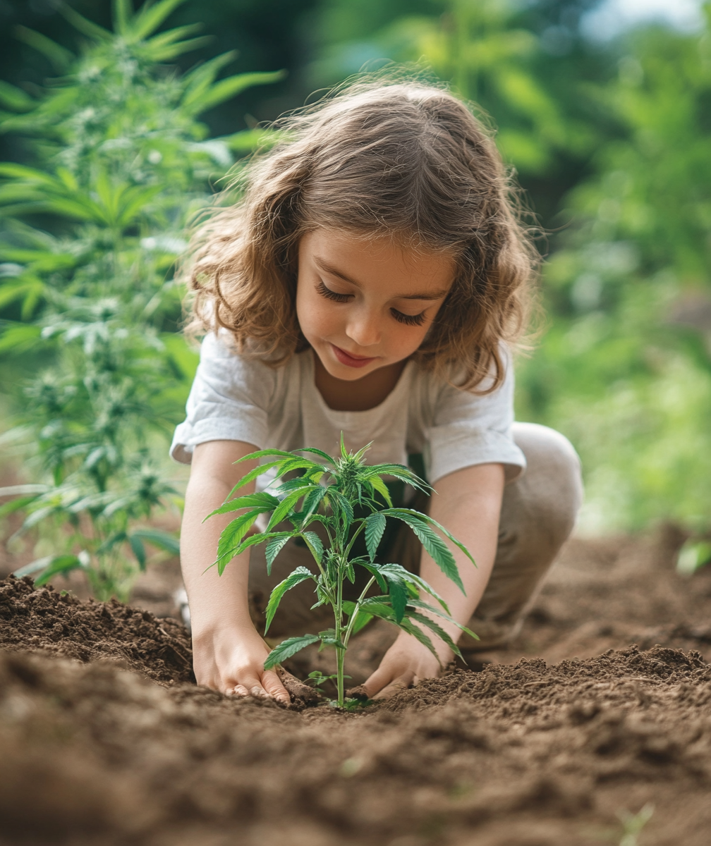 Child planting hemp seedling in vibrant, lush community garden.