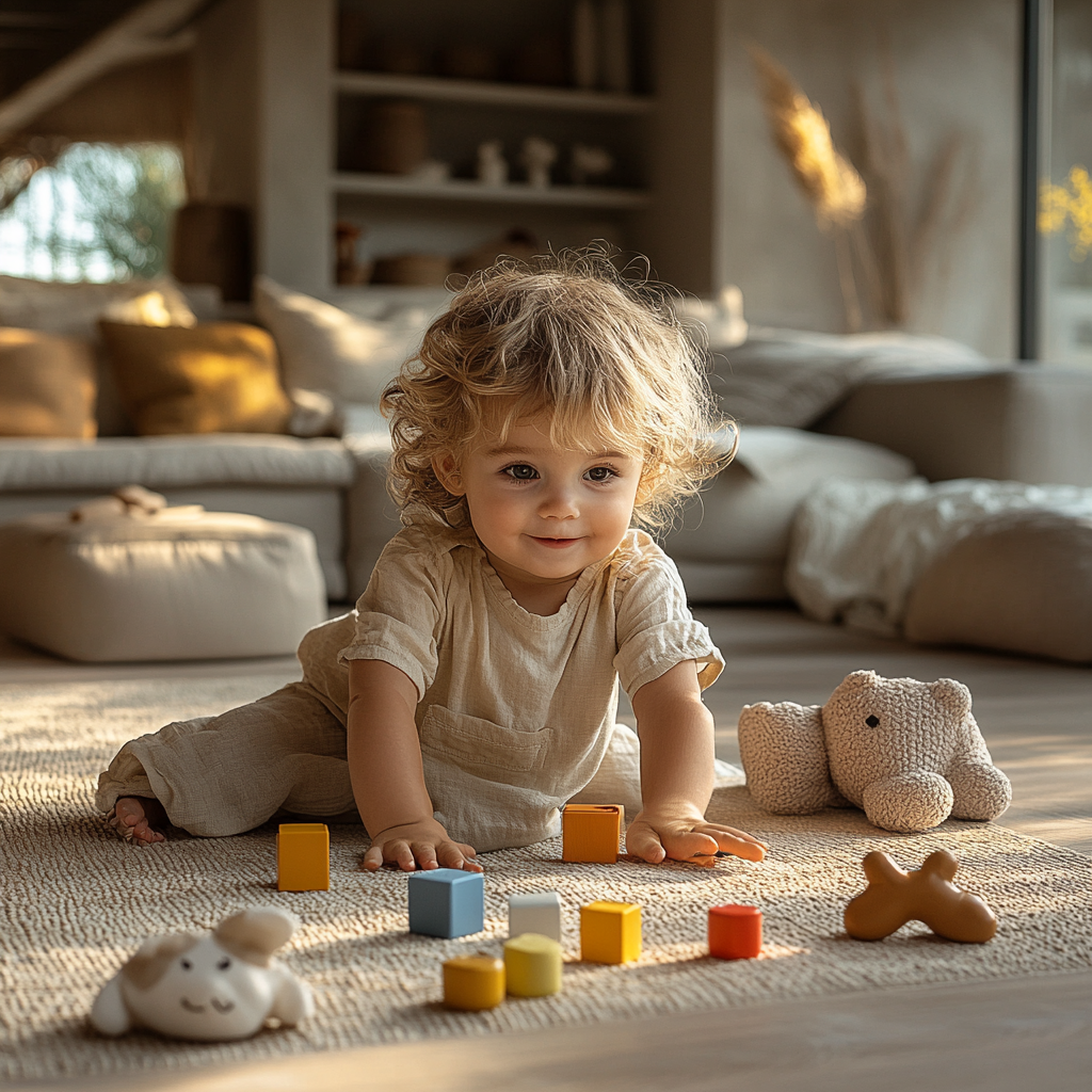 Child playing with toys in modern living room