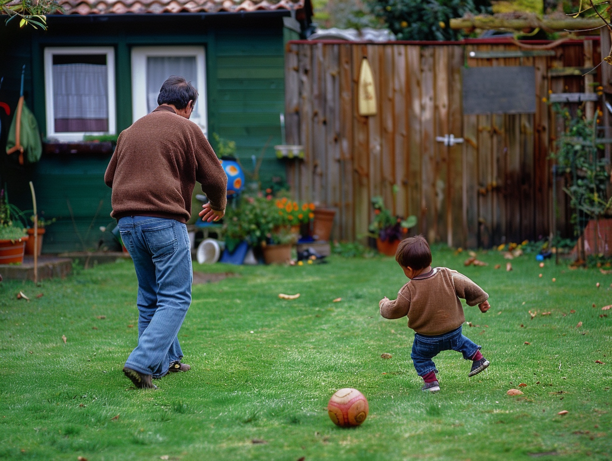 Child practicing football skills with parent in backyard