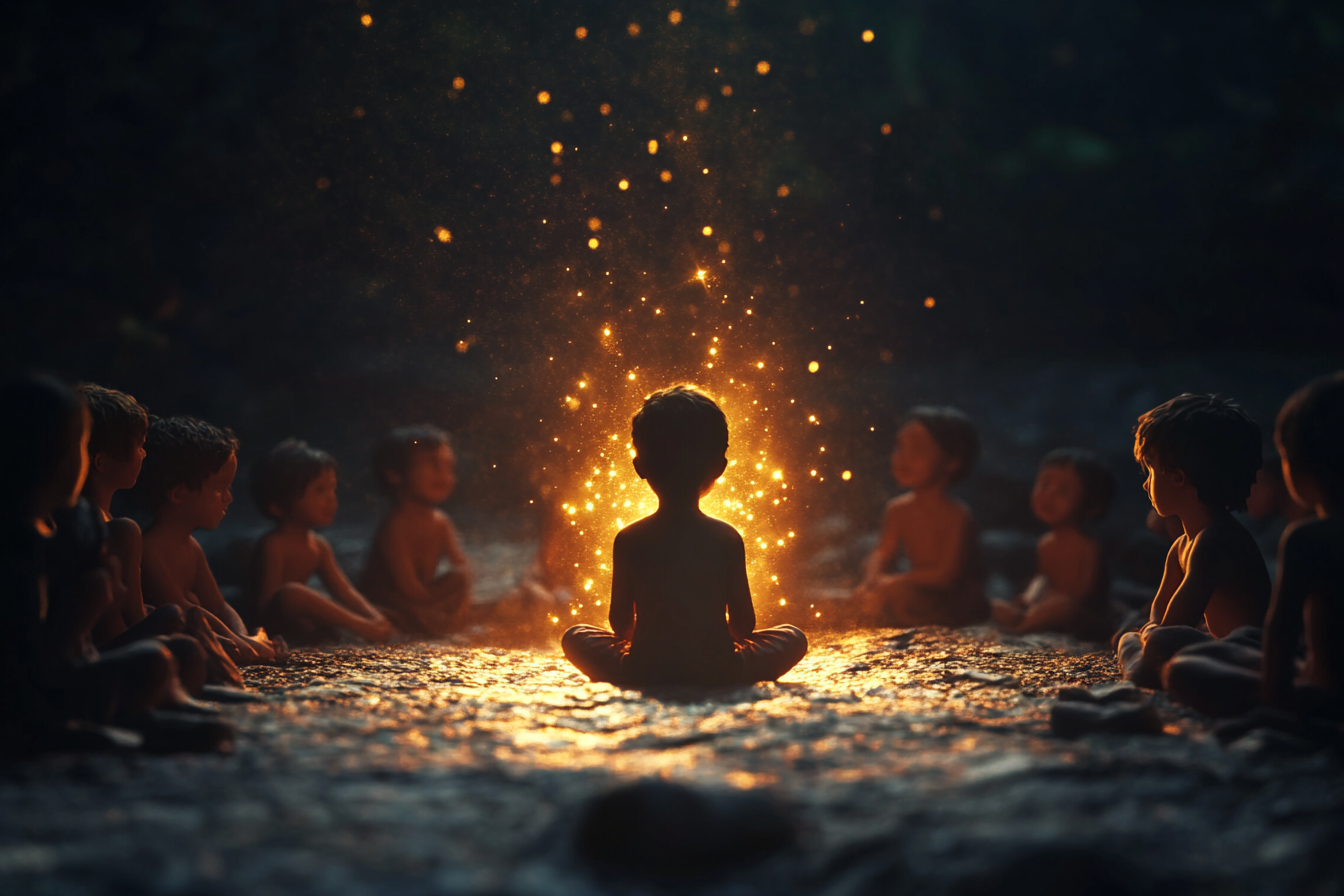 Child surrounded by glowing group of children in 3D artwork.