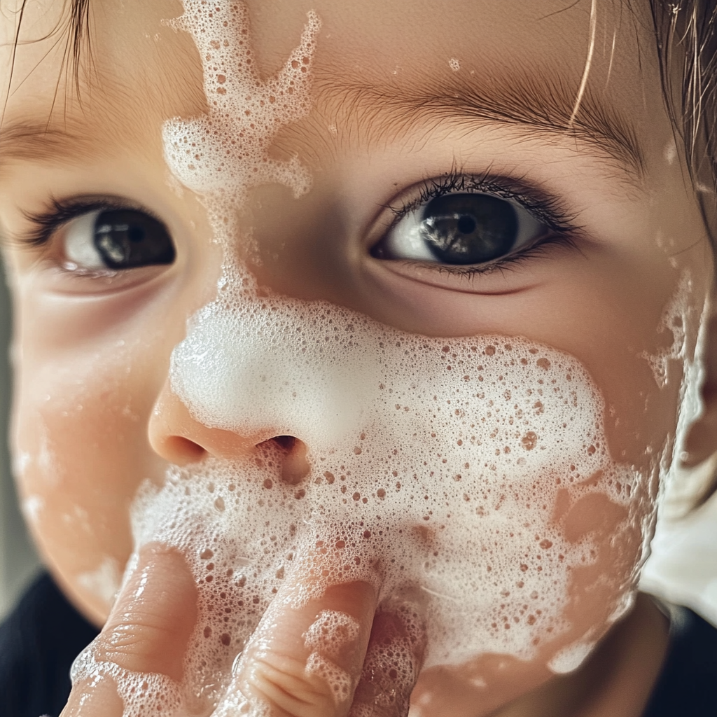 Child with mud mask applying product on cheek gently.