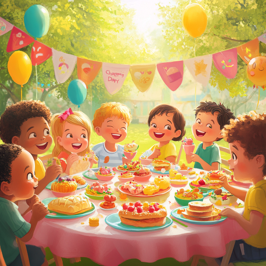 Children's Day Celebration: Happy Kids Eating Together Outdoors