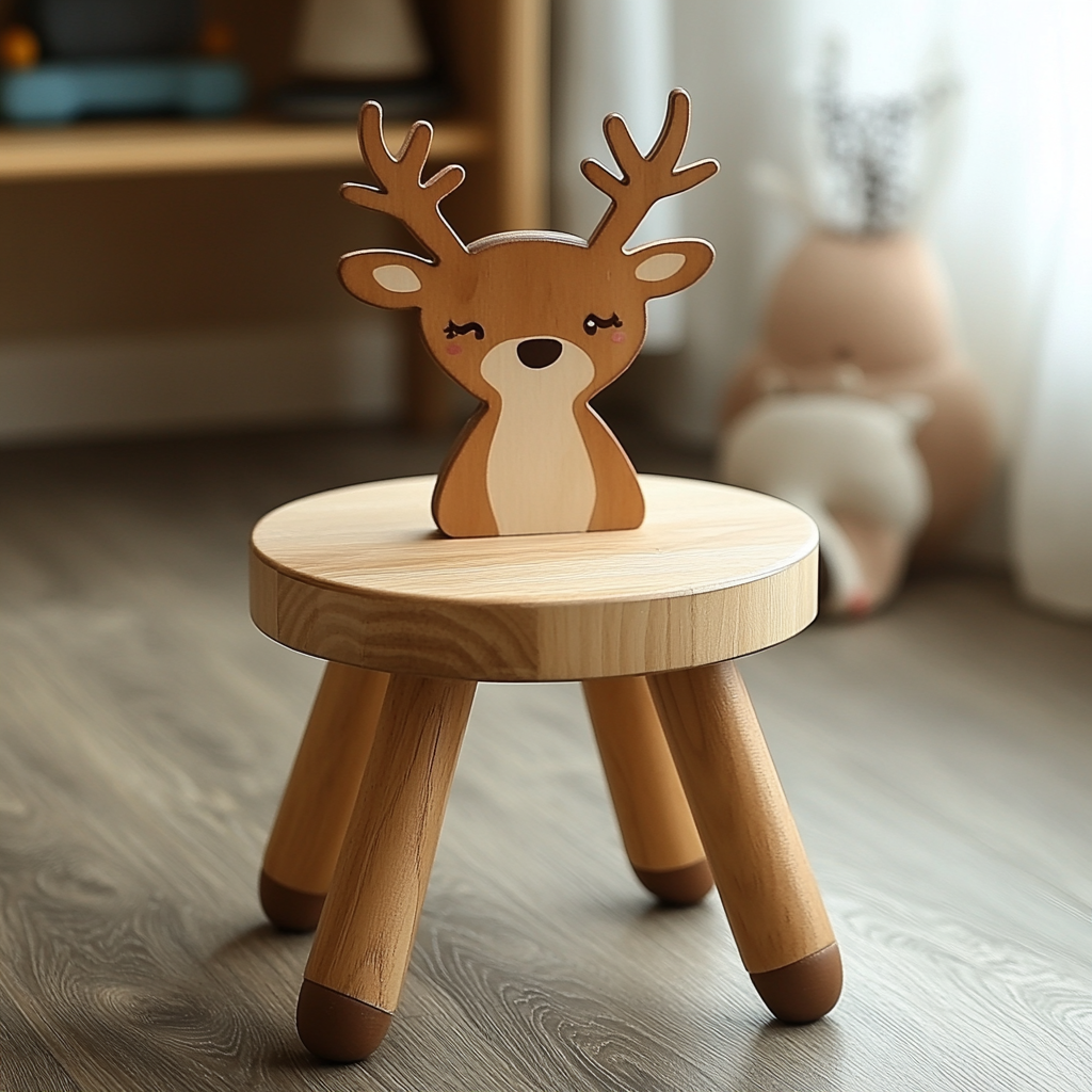 Children's Deer Style Backrest Stool in Solid Wood 