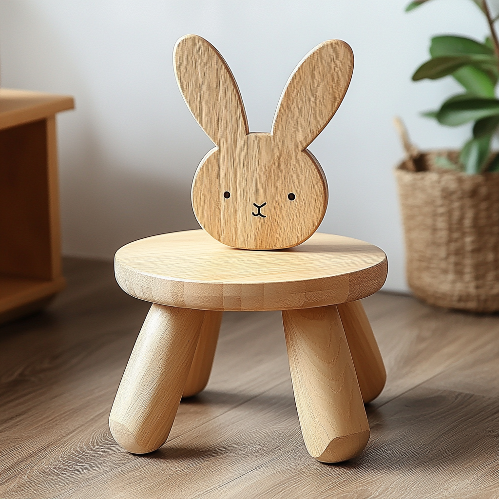 Children's Rabbit-Styled Wooden Stool with Backrest 