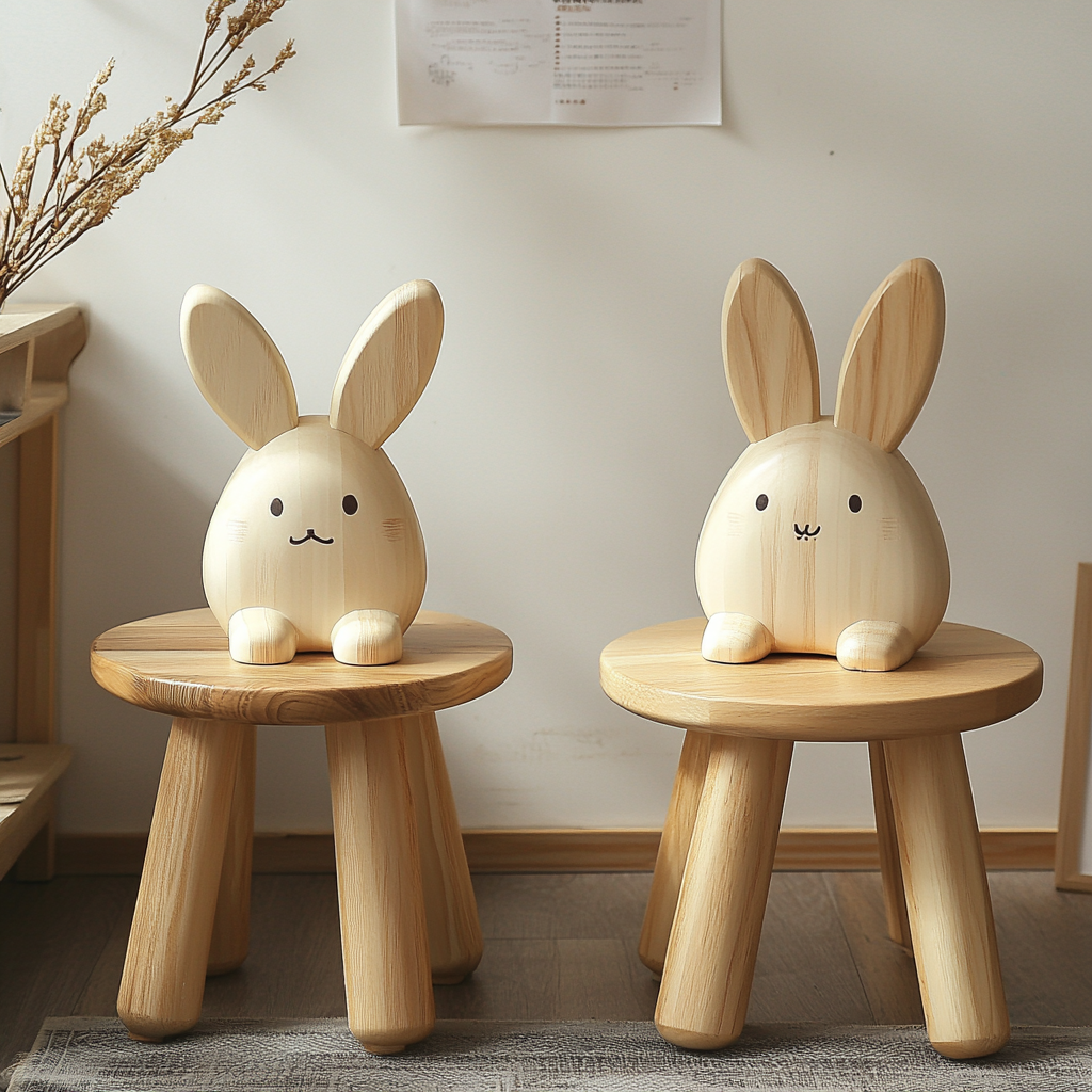 Children's Rabbit-Themed Wooden Stool with Backrest 