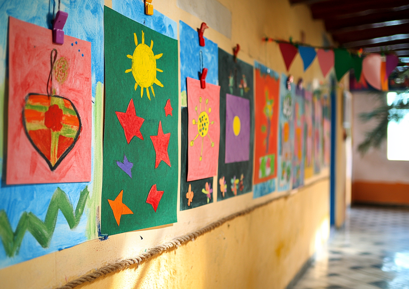 Children's artworks hung in frames for holiday decorations pride.