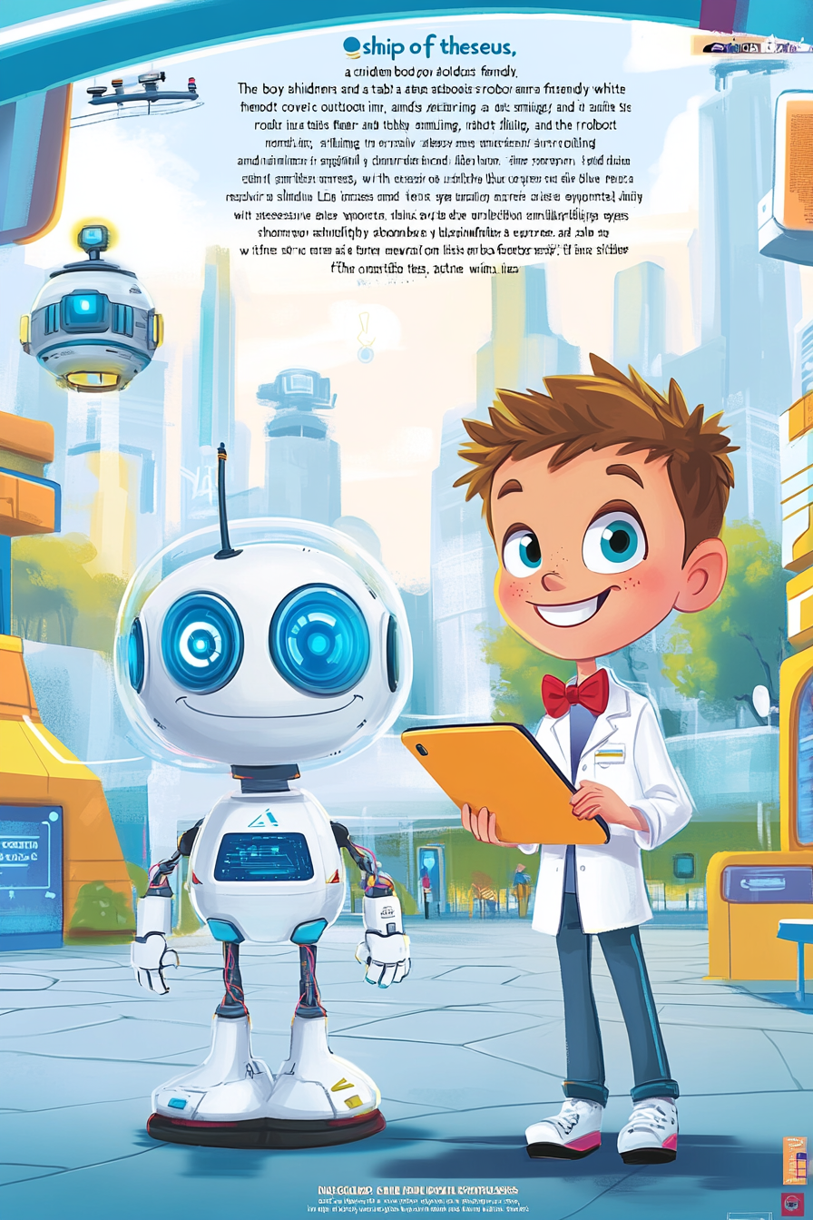 Children's book cover: 12-year-old boy, friendly white robot