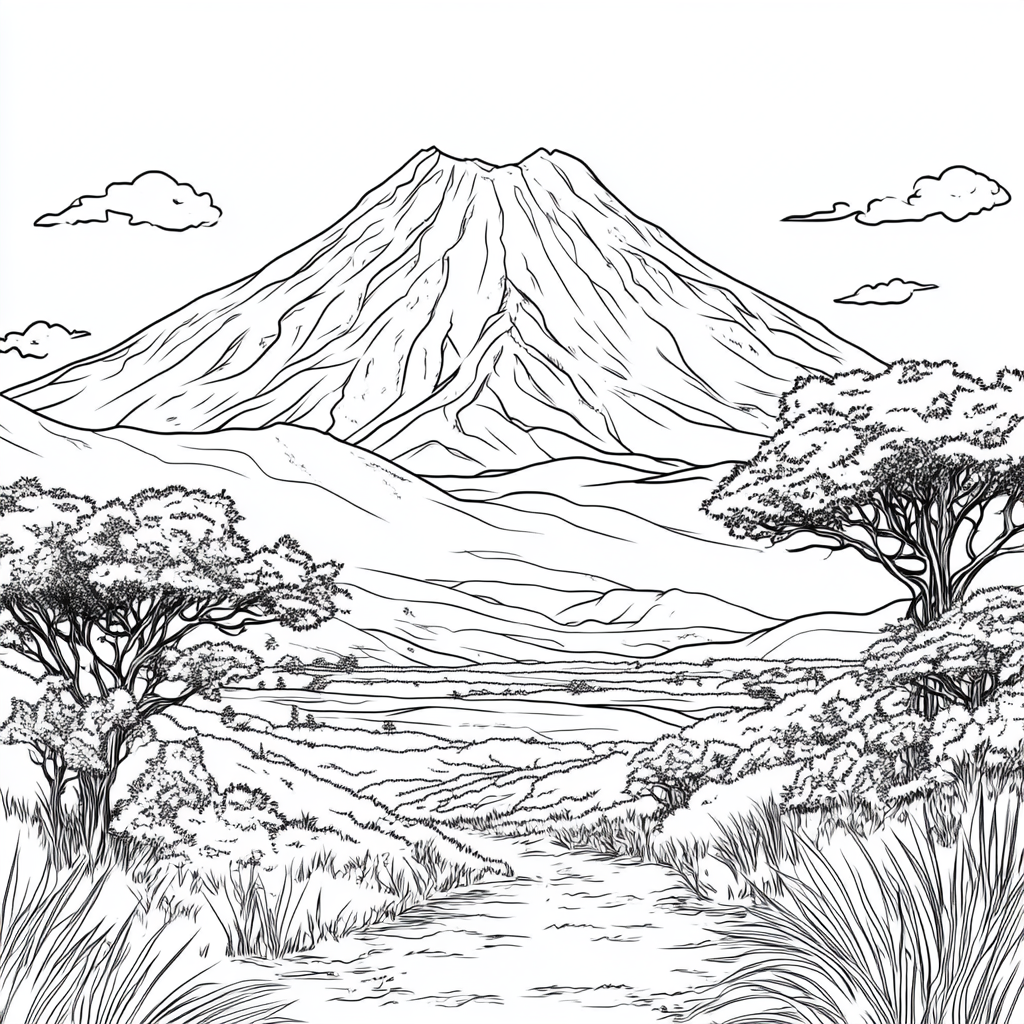 Children's coloring book illustration of Mount Kilimanjaro with savannah.