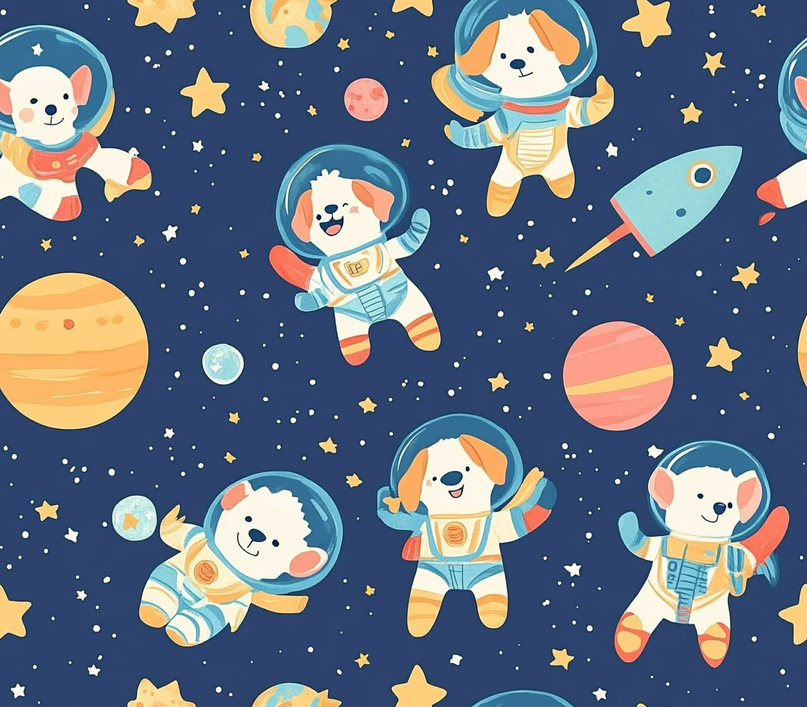 Children's decor print with cute space dogs theme.