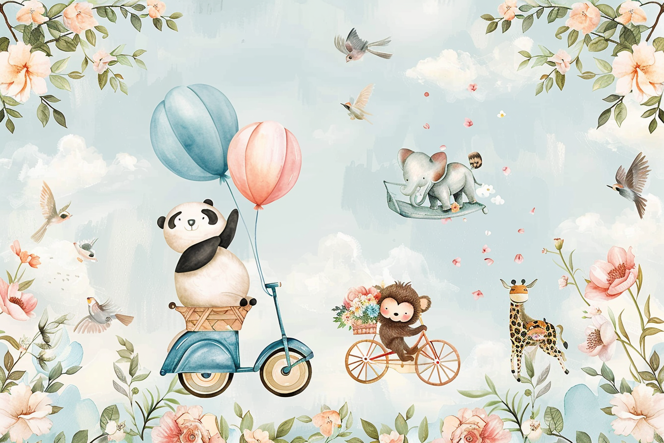 Children's mural with whimsical animals, colorful balloons, flowers.