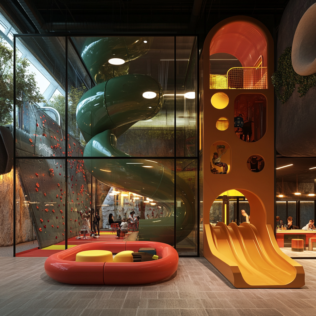 Children's play area with slides, climbing wall, bar