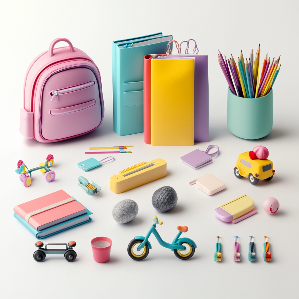 Children's store products displayed neatly on white background.