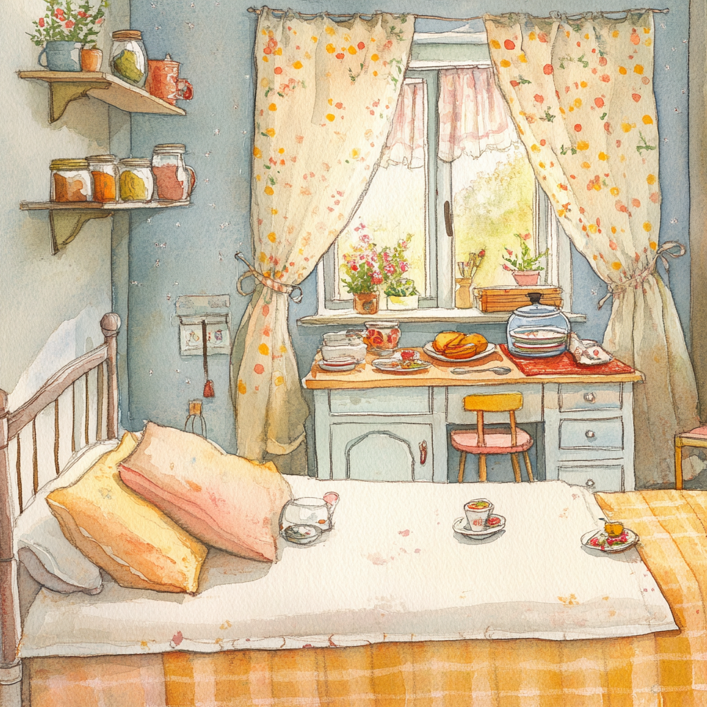 Children's watercolor of cozy kitchen in apartment