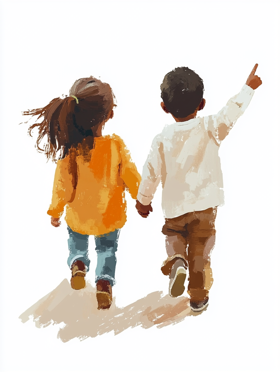 Children, boy and girl, of different races, walk happily