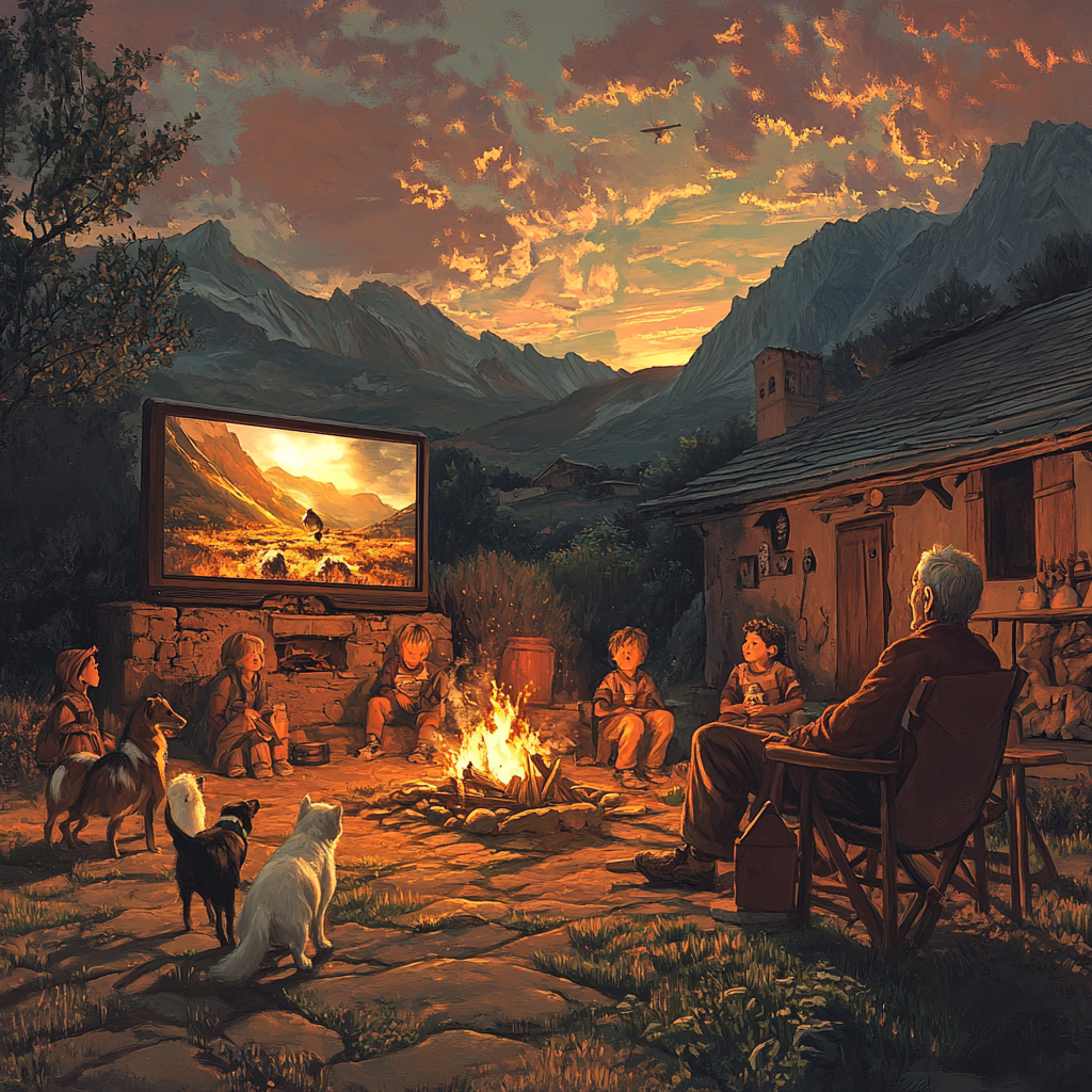 Children, elder man at campfire; animals nearby, movie plays.