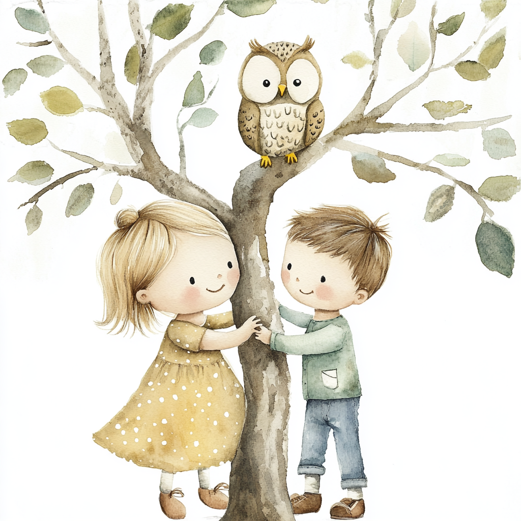 Children Observing Owl in Watercolor Illustration