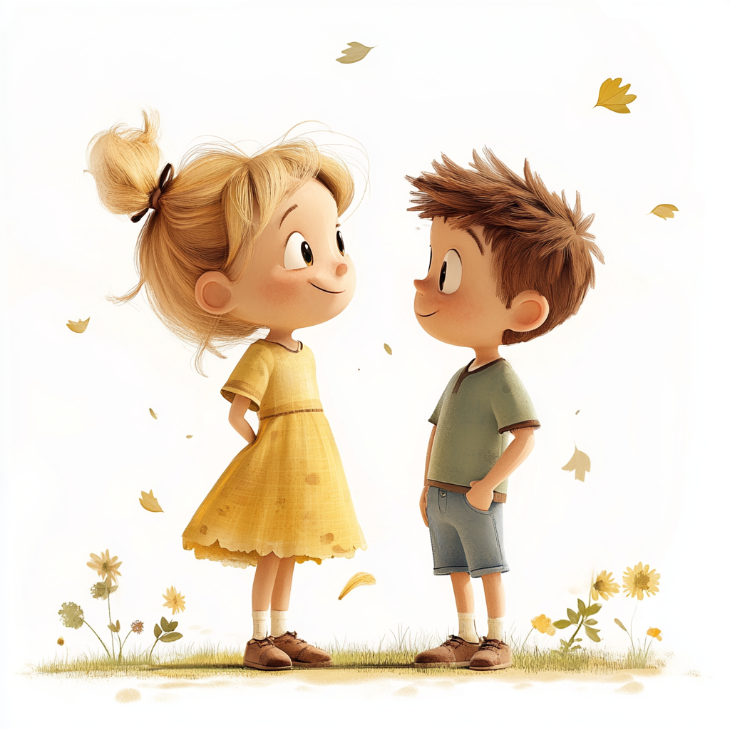 Children Talking in Wind with Cartoony Characters, Spring Colors