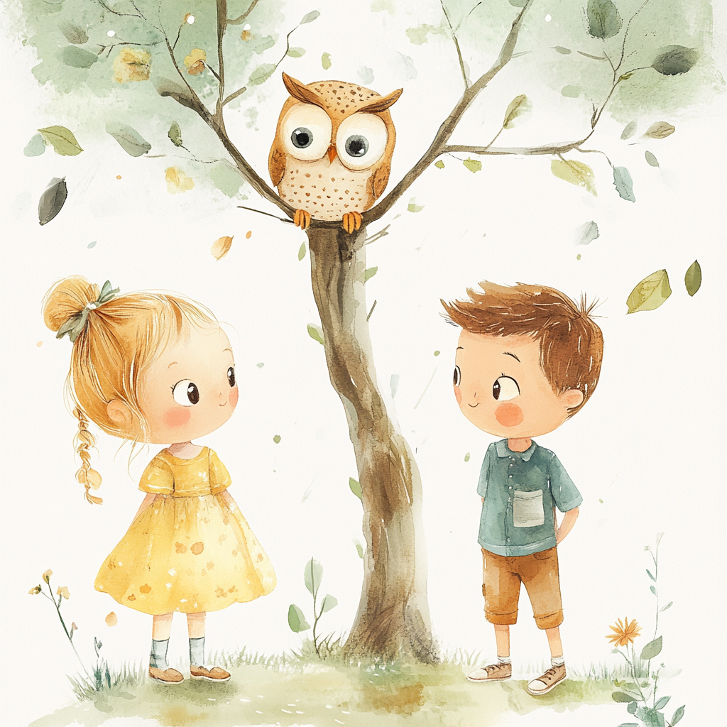 Children admiring owl in springtime watercolor illustration