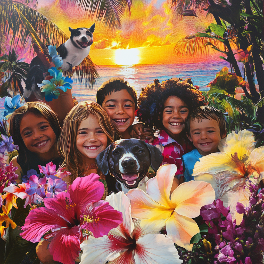 Children and pets enjoy Hawaii hotel sunset