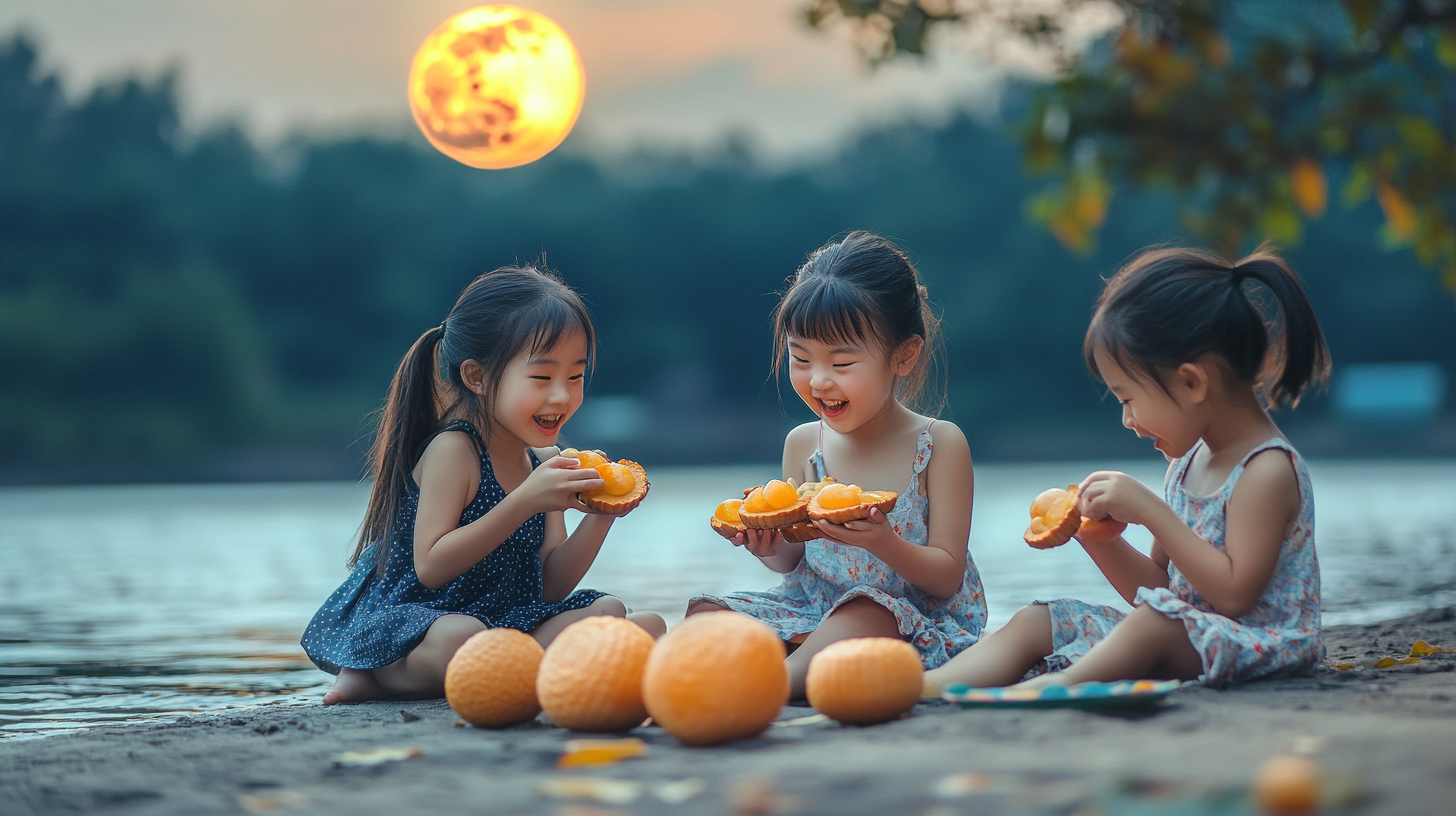 Children celebrate Mid-Autumn Festival with mooncakes and fruits.