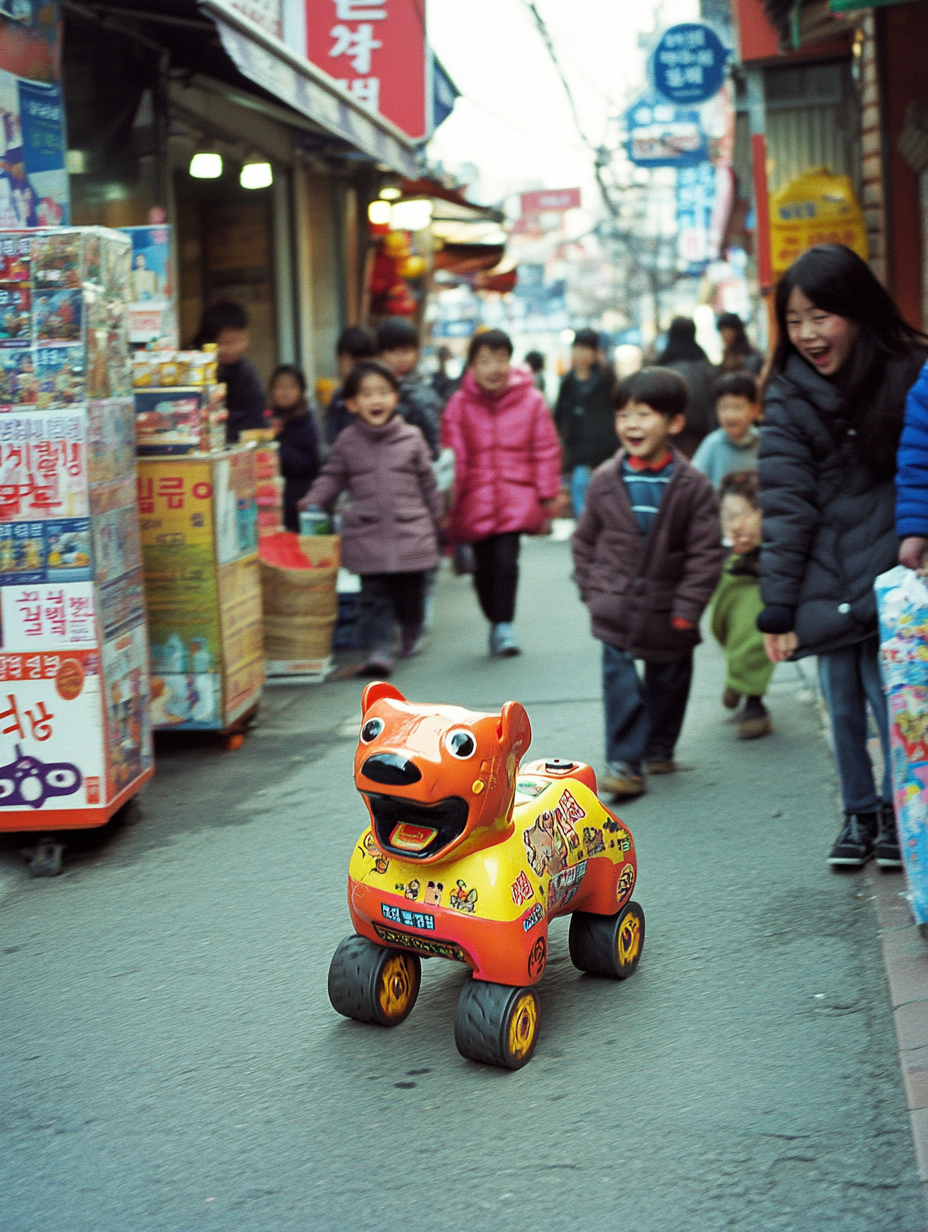 Children chasing laughing robotic dog on Seoul street