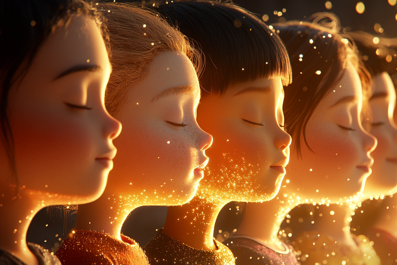 Children from different backgrounds with eyes closed glowing gold.